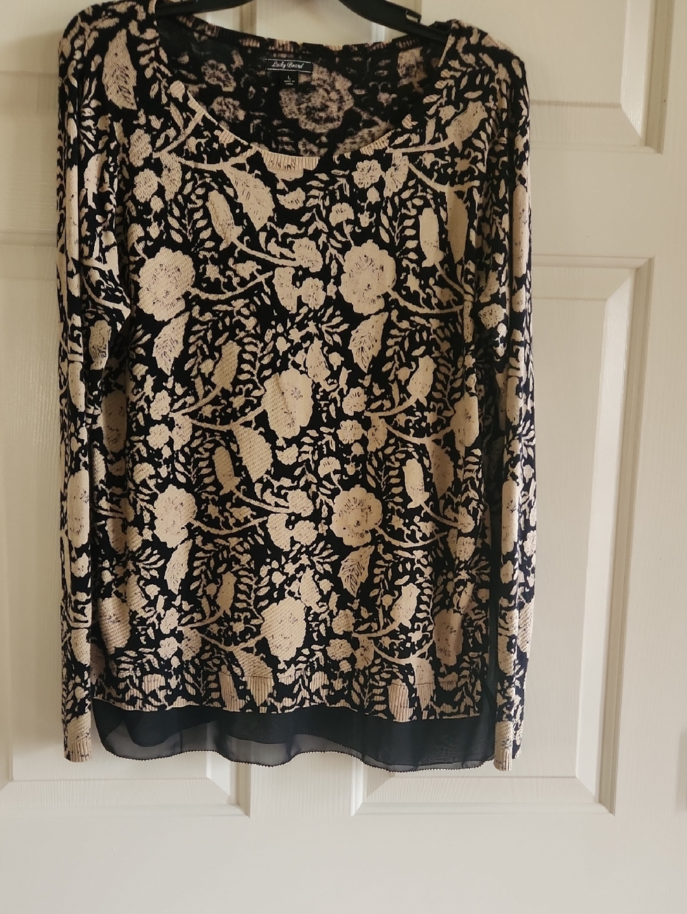 Lucky Brand Black and Cream Floral Jacquard Sweater
